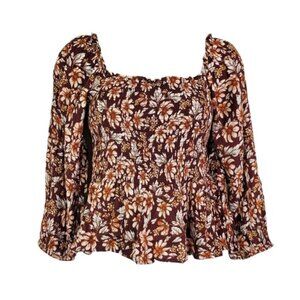 American Eagle Womens Brown Floral Print Smocked Top Size XS